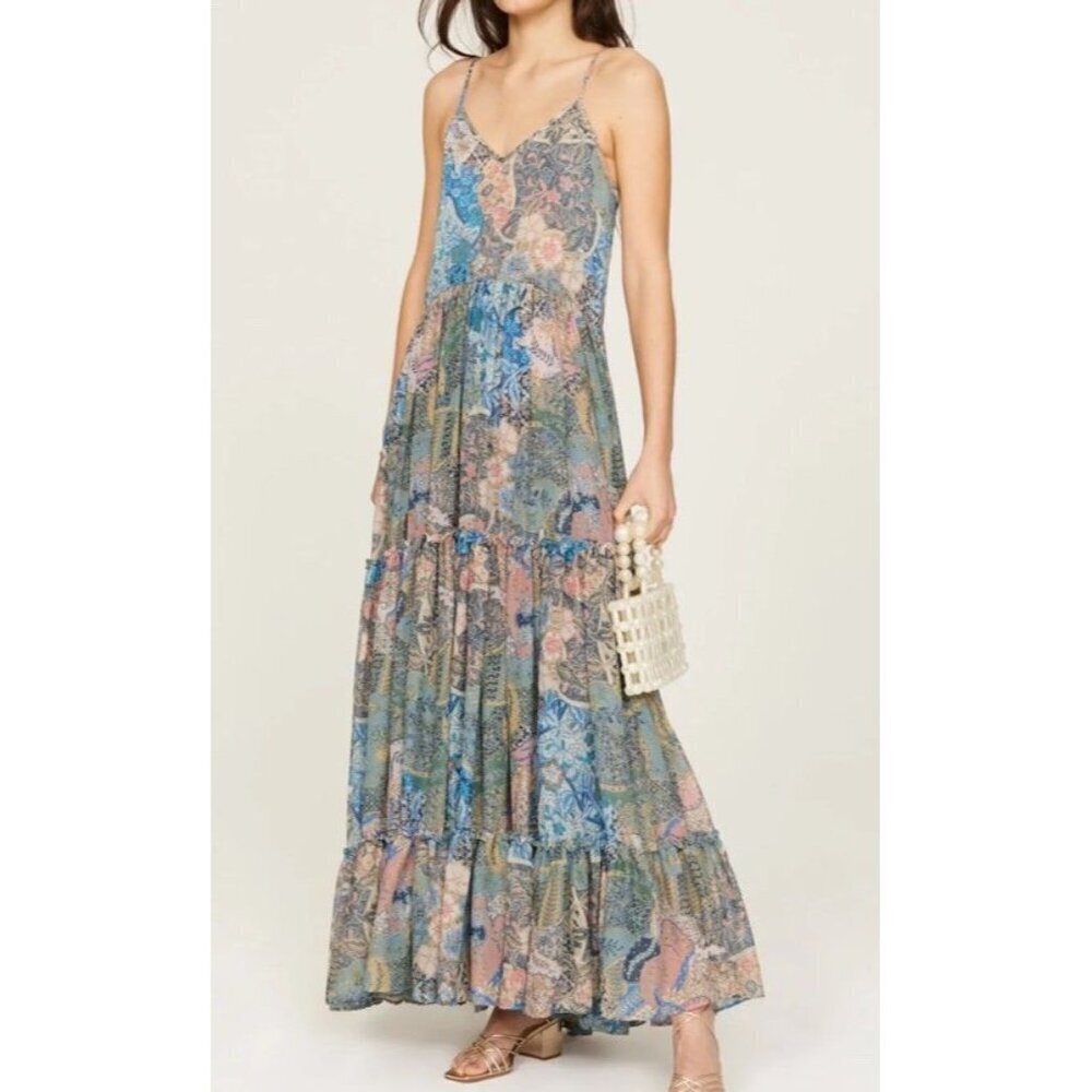 Misa Los Angeles Sz XS Dress Kali Maxi floral patchwork sleeveless chiffon Boho